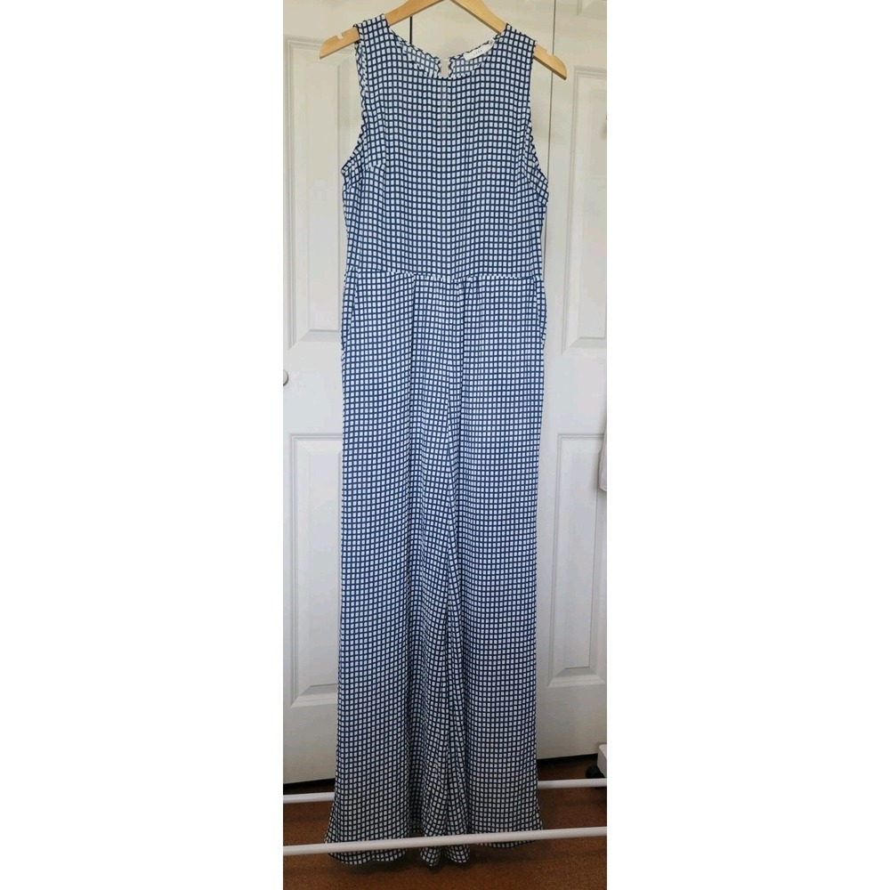 Lush White Blue Jumpsuit Long Pants Romper Sleeveless Women's Size Medium Tie